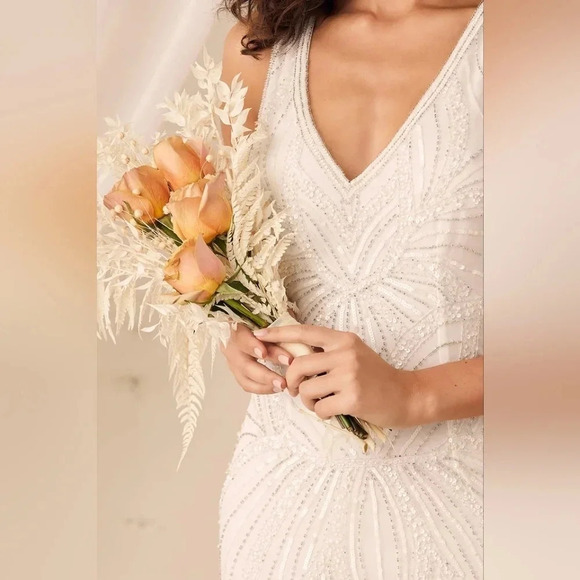 Lulu's Make Them Marvel White Beaded Mermaid Maxi Dress Wedding Bride Party - Picture 4 of 12